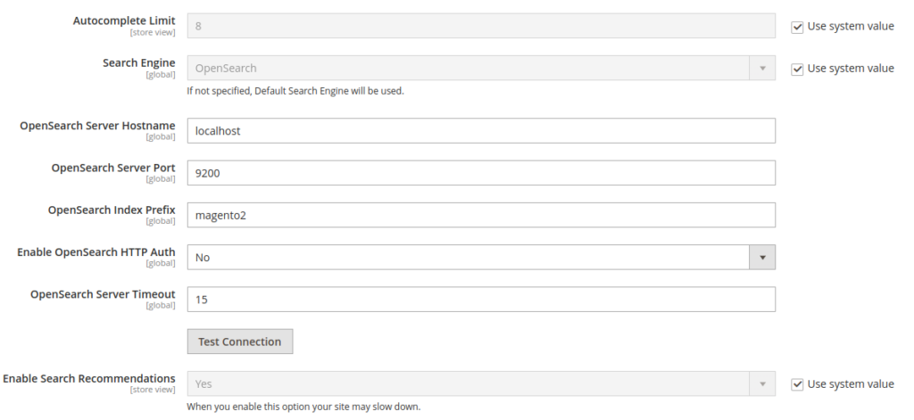 OpenSearch settings found in the Magento admin backend